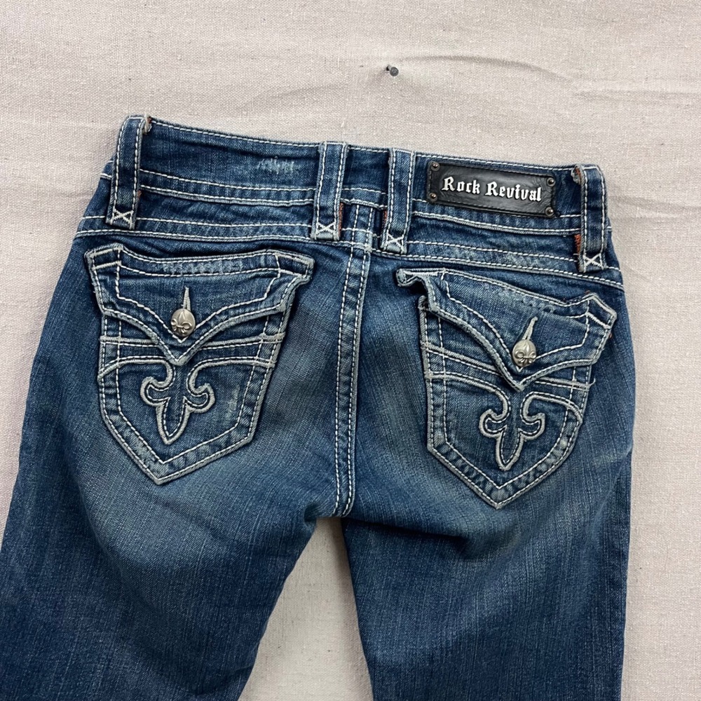 Rock Revival Patti Skinny Jeans Dark Wash Contrast Stitch Fleur-De-Lis Size 26